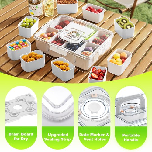 Palksky Snackle Box Container with Ice Pack, Travel Snack Containers with Lid & Handle, Chilled Portable Divided Serving Tray, 8 Compartments Bento Snack Box for Fruits Veggies Snacks, Keep Food Cold