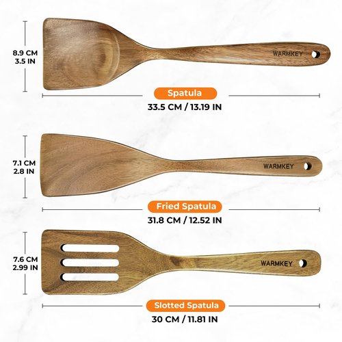 WARMKEY Natural Acacia Wood Spatula Set of 3, Nonstick Pan Safe Multipurpose Wooden Cooking Spatulas, Eco-Friendly Scratch-Proof Heat Resistant with Hanging Holes