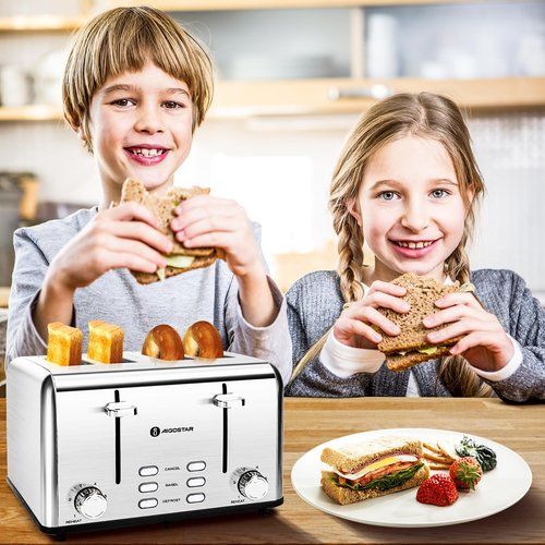 Aigostar Toaster 4 Slice 1.6" Wide Slot Stainless Steel Toasters with Bagel, Reheat, Cancel, Defrost Function, 6 Shade Settings, Removable Crumb Tray, 1550W, Best Rated Prime 4 Slice Toasters