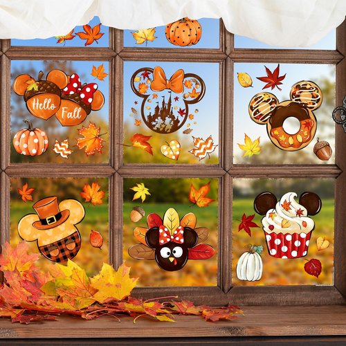 Fall Window Clings Decorations Mouse Shaped, 80pcs Thanksgiving Pumpkin Maple Leaves Window Decals Double-Sided Window Stickers for Autumn Fall Harvest Party Home Decor