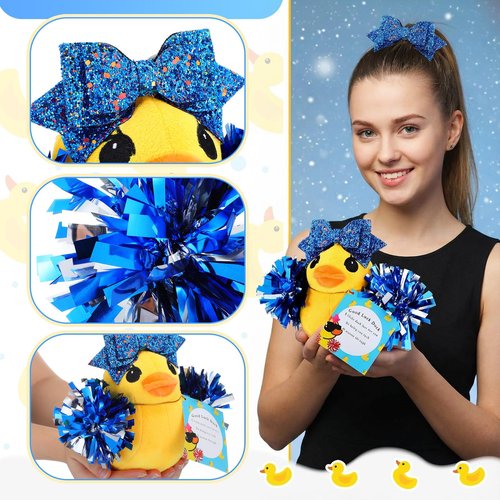 Lenwen Cheer Duck Gift with Pom Poms Bow 8 Inch Duck Plush Senior Cheerleader Gifts Team Support Gift for Senior Night Gifts Cheer Competition Day Must Have(Blue)
