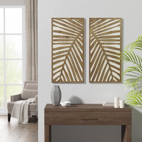 Madison Park Wall Décor for Living Room - Birch Palms Botanical Two-Tone, Home Accent Modern Kitchen Dining Decoration, Ready to Hang 2-Piece Wood Panel Set for Bedroom, 16"W x 32"H, Dark Palm