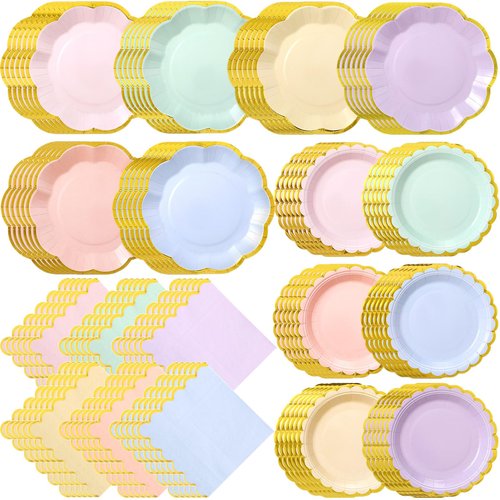 Skybooly 144 Pcs 48 Guests Pastel Rainbow Party Paper Plates and Napkins Sets Heavy Duty Pastel Scalloped Party Plates Napkins Disposable Rainbow Supplies Decoration for Bridal Baby Shower Wedding