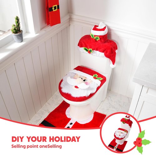 JOYIN Christmas Bathroom Decoration Set - 5 Pieces with Toilet Seat Cover, Rugs, Tank Cover & Santa Towel
