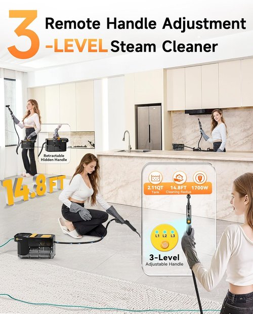 Gautye Steam Cleaner - Handheld Steamer with 3 Adjustable Levels & 18 Accessories | 2.11 Qt Tank