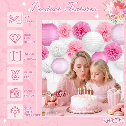 KAXIXI Pink Party Decorations - 15 Pcs Hanging Lanterns & Tissue Pom Poms for Baby Showers & Birthdays
