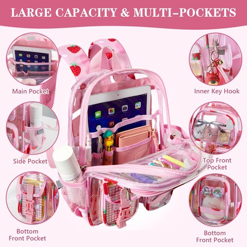 Unineovo Mini Clear Backpack for Stadium Approved 12x6x12, Small Transparent Backpacks Plastic See Through Clear Bag for Kids Grils Women for Sporting Event, Concerts, Work, Festival (Strawberry)