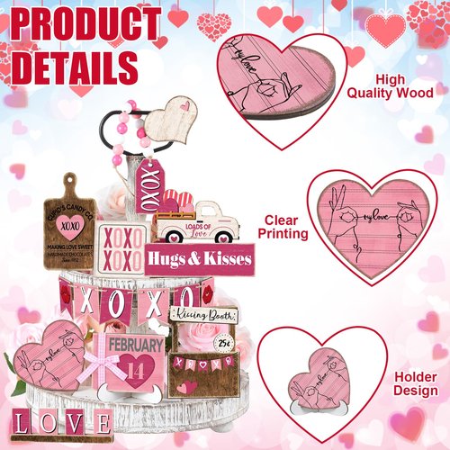 Marsui 19 Pcs Cute Retro Valentine's Day Tiered Tray Decor Set, Cartoon Pink Heart Wood Signs with Retro Be Mine My Love, Valentines Table Decor for Home Kitchen Living Room