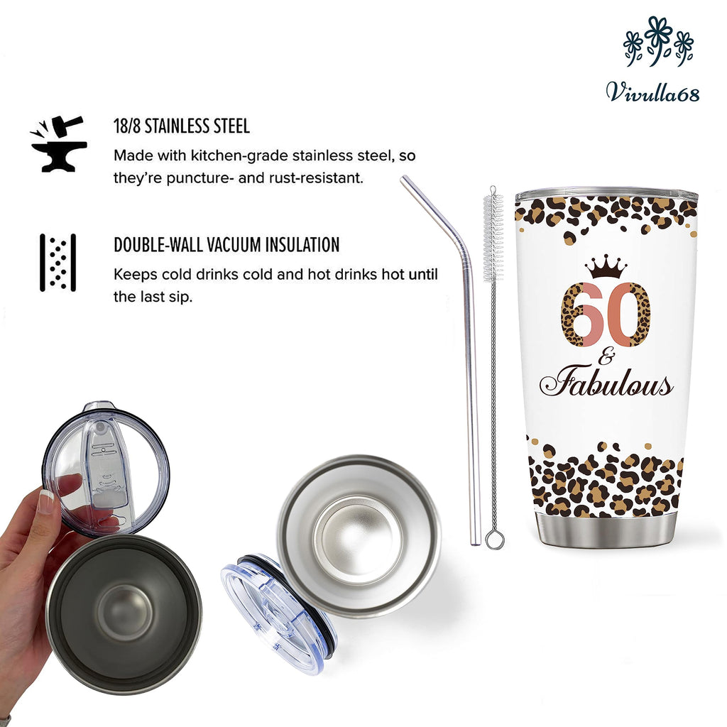 Vivulla68 Happy 60th Birthday Gifts For Women, 60 Birthday Gift For Women, Gifts For 60 Year Old Woman, 1965 Birthday Gifts Woman, Turning 60 Gifts, 60th Birthday Tumbler With Lid and Straw