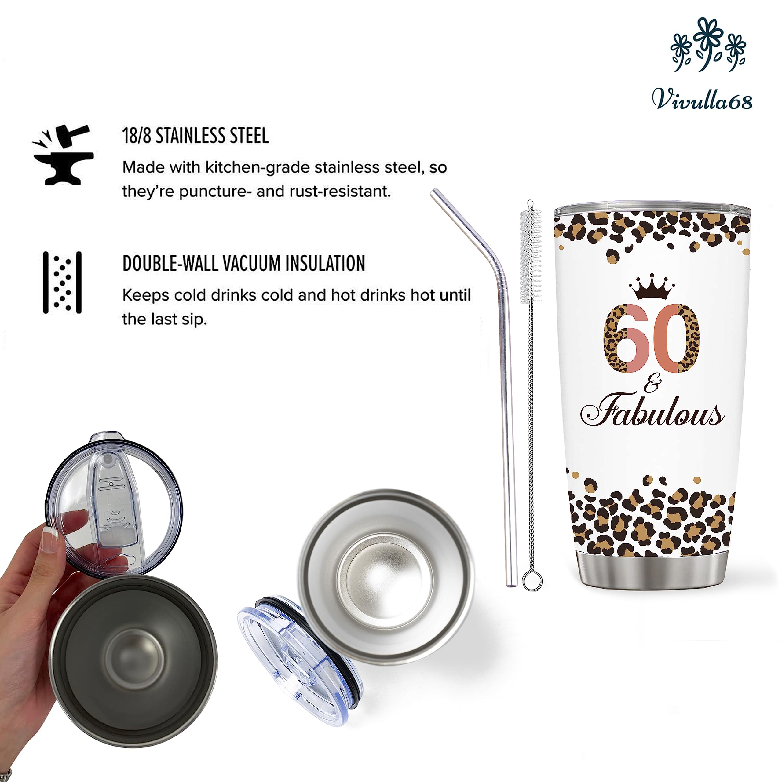 Vivulla68 Happy 60th Birthday Gifts For Women, 60 Birthday Gift For Women, Gifts For 60 Year Old Woman, 1965 Birthday Gifts Woman, Turning 60 Gifts, 60th Birthday Tumbler With Lid and Straw
