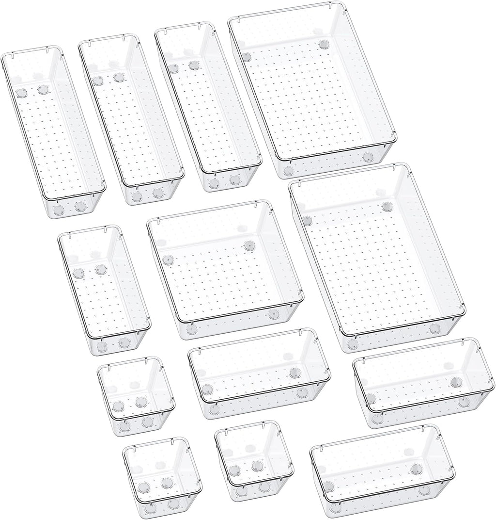 SMARTAKE 13-Piece Drawer Organizers - Non-Slip Silicone Pads | Versatile Storage Trays for Makeup, Jewelry & Utensils - Clear