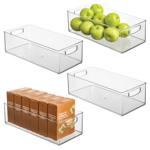 Plastic Stackable Pantry Bin - Organizer Bin with Handles for Cabinets or Fridge - Set of 4 - Clear