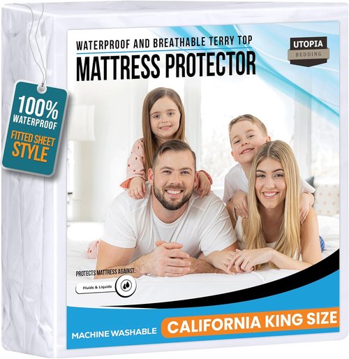 California King Size Mattress Protector Waterproof, Premium 200 GSM Terry Mattress Cover, Soft & Breathable Bed Cover, Fitted Sheet Style Stretchable Deep Pockets 17" by Utopia Bedding (White)