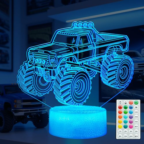 Monster Truck Night Light, Monster Truck Gifts, 3D Illusion Lamp with 16 Colors Changing, Remote Control with Timer, Dimmer, Kids Room Decoration for Holiday Birthday Christmas