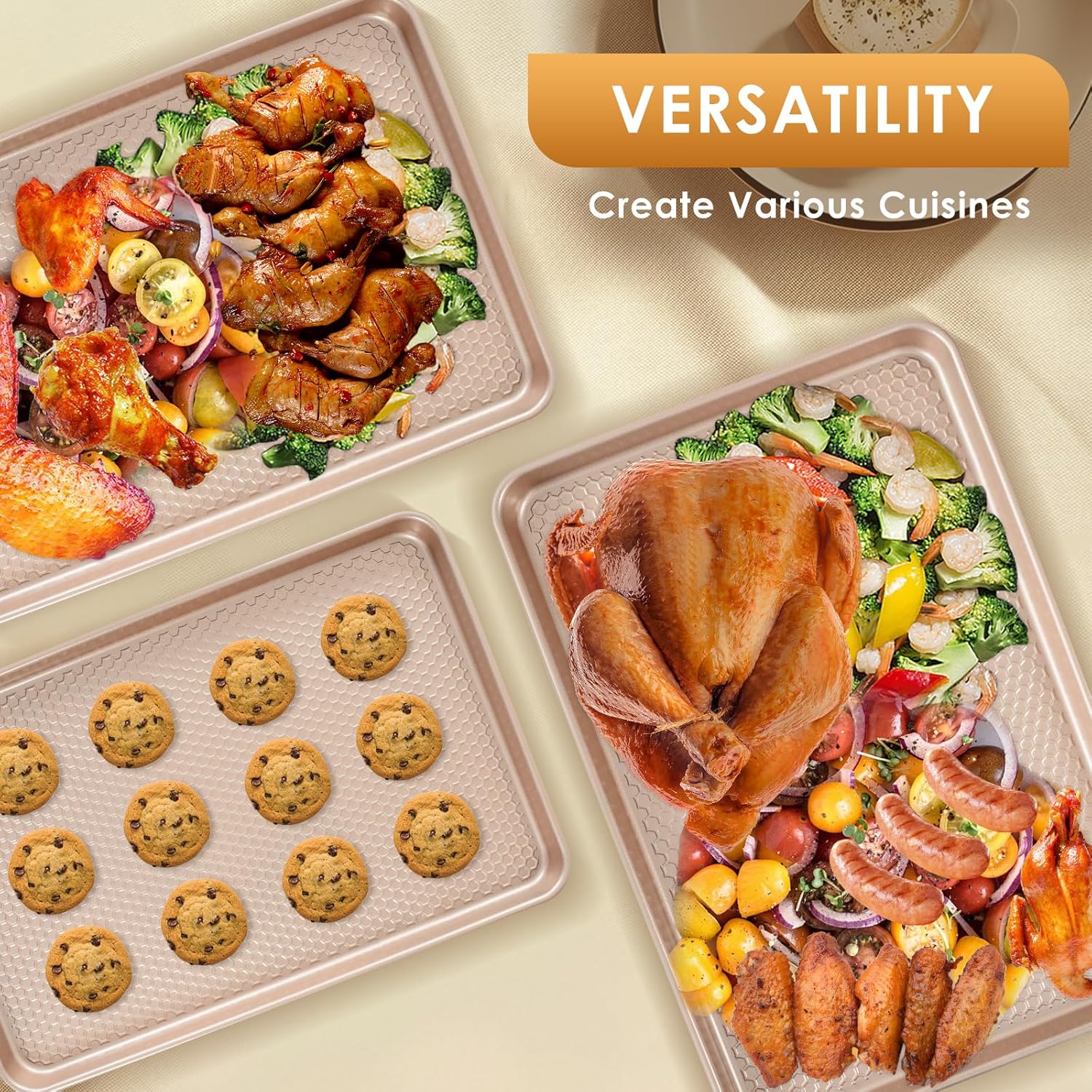 Skiennix Baking Sheet Pan Set - Nonstick Carbon Steel Cookie Sheets | Heavy Duty & Easy Clean, Rose Gold - 3-Piece Set