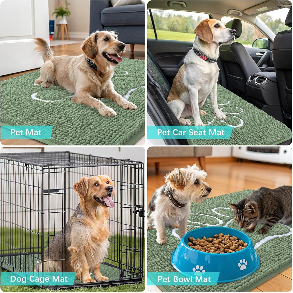 OLANLY Dog Door Mat - Muddy Paws Absorbent Doormat | Non-Slip Chenille, 30x20, Olive Green & White