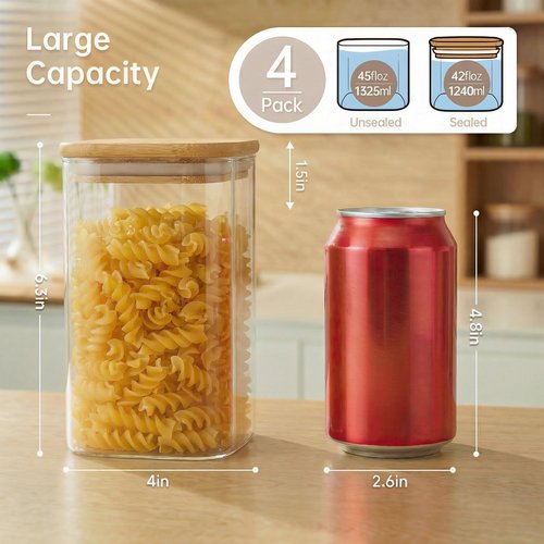 42oz - 4 Pack Square Glass Jars with Bamboo Lids, Glass Food Storage Containers with Airtight Lids for Kitchen, Air Tight Pantry Storage Containers for Cereal, Pasta, Rice, Sugar, Coffee, Spice