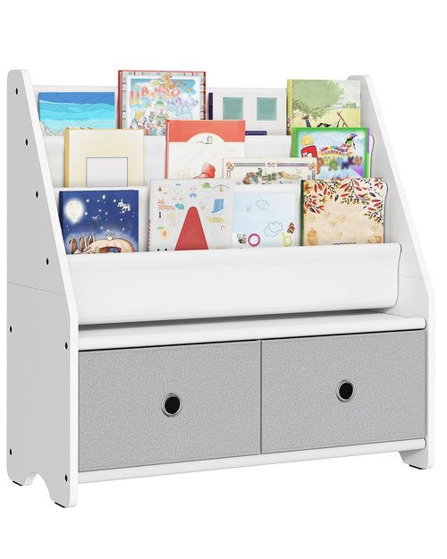 CHOEZON Kids Bookshelf and Toy Storage, 4 Tier Large Capacity Kids Book Rack, Sling Kid Bookcase, for Kids Room, Nursery, Playroom, White and Gray MCW06WT