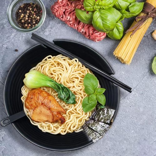 TEQKON (Set of 2) Unbreakable Japanese Style Ramen Bowl with Chopsticks Spoon & Dipping Bowl Saucers, Large Black Matte Melamine Bowls for Pho Thai Miso Udon Soup Noodles, Asian Food & Wonton
