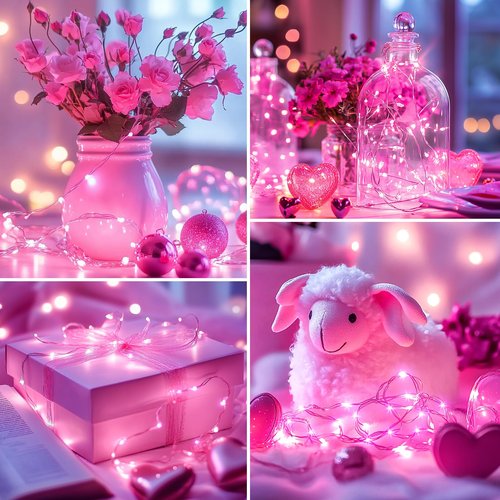 5 Pack Fairy Lights Battery Operated, 7 Feet 20 Led String Lights with Timer, Waterproof Firefly Lights on Silver Wire for Home Party Wedding Christmas Decorations, 6 Hours on/18 Hours Off, Pink