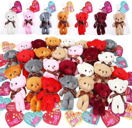 FunsLane 28PCS Valentines Day Gift Cards for Kids with Bear Plush Toys,Mini Stuffed Animal Plush Toys Keychains for Valentines Party Favor Supplies,Classroom Exchange,Game Prizes,Gift for boys girls
