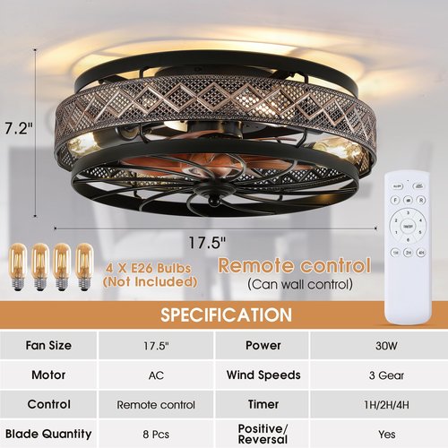 SHIHOT 18" Low Profile Caged Ceiling Fans with Lights and Remote, Flush Mount Ceiling Fan with Light, Bedroom Fan, Small Industrial Black Ceiling Light Fixture, Reversible(Bulbs Not Included)