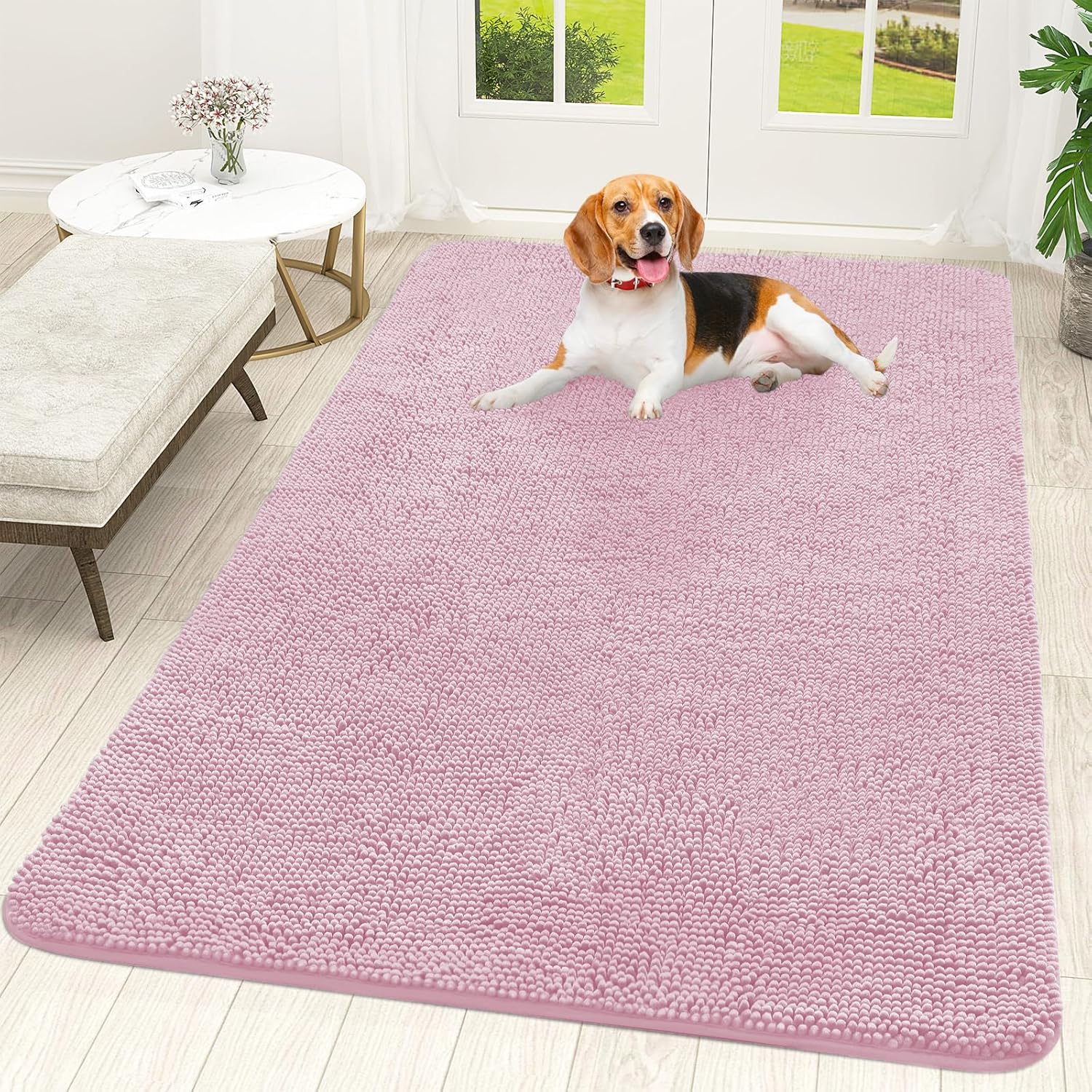 OLANLY Dog Door Mat - Absorbent Non-Slip Chenille Mat for Muddy Paws | 59x35, Dusty Rose Color