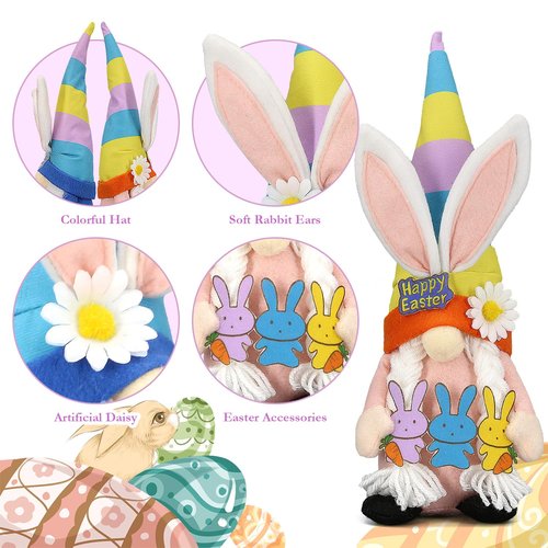 Lovinland Easter Decorations - Bunny Gnomes Decor for Home, Indoor, Tiered Tray, Office, Desk - Spring Rabbit Stuffed Centerpiece Table - Easter Basket Stuffers Essentials for Women - Gnome Gifts