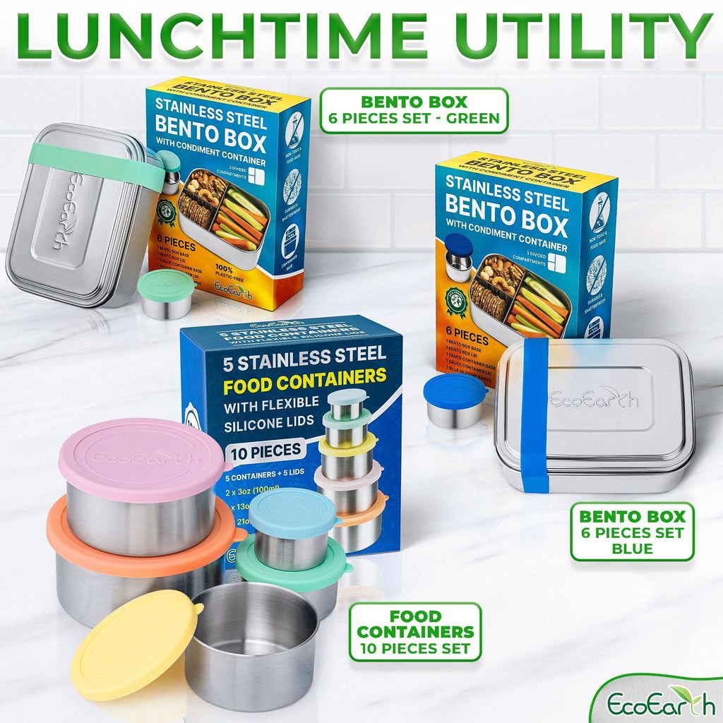 EcoEarth - Stainless Steel Food Storage Containers with Silicone Lids - Stackable Set of 5, Round Nesting Sizes - Meal Prep & Snack Lunch Box Supplies - Plastic Free, Airtight & Leakproof for Travel