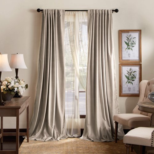 Martha Stewart Lucca Velvet Blackout Back Tab Window Curtain Panel Pair, 84", Linen Beige