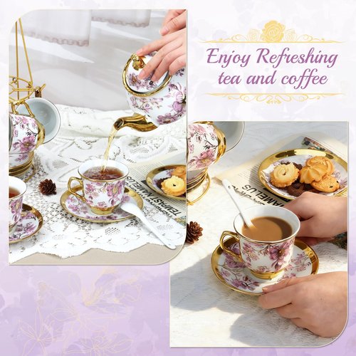 20 Pcs Porcelain Tea Set With Metal Holder,European Ceramic Tea Party Set for Adults,700ml Teapot,Beautiful Tea Cup Gift Sets for Home&Party (Cup-160ml)