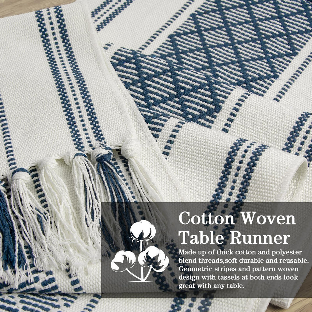 yuboo Blue and White Table Runner Farmhouse Style - Coastal Nautical Woven Table Runner 72 inches Long with Tassels, Dresser Runners for Bedroom, Dining Room, Summer Table Decor