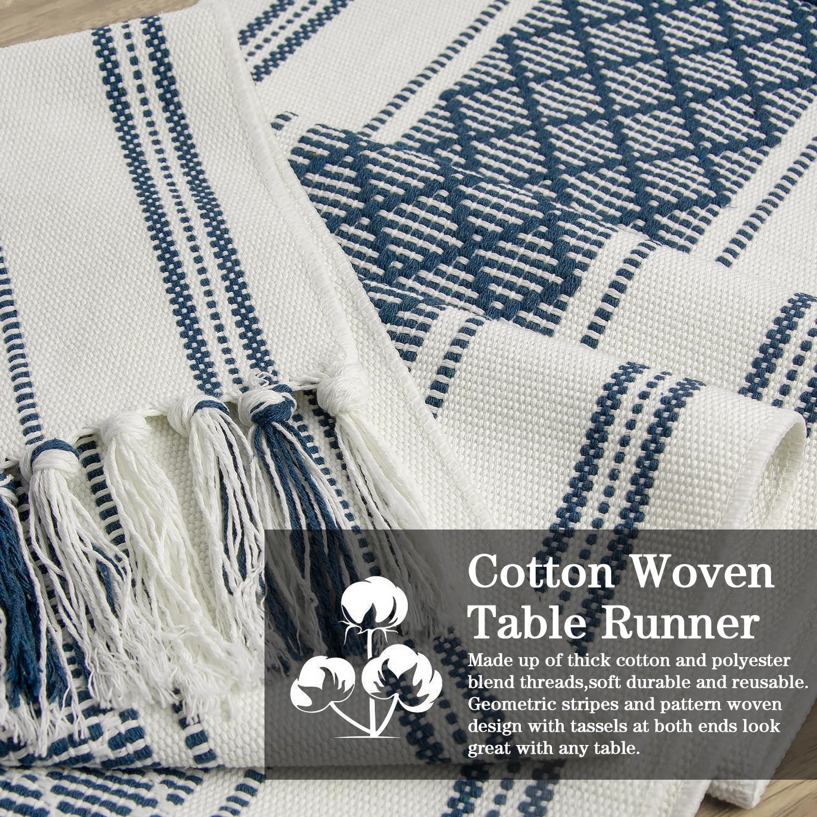 yuboo Blue and White Table Runner Farmhouse Style - Coastal Nautical Woven Table Runner 72 inches Long with Tassels, Dresser Runners for Bedroom, Dining Room, Summer Table Decor
