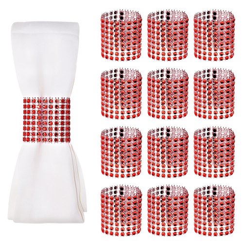 Napkin Rings Bulk Penta Angel 50pcs Adjustable Self Adhesive Tapes Rhinestone Napkin Holders for Rolling Tableware Wedding Christmas Graduation Party Table Decoration (Red, 4×13cm)