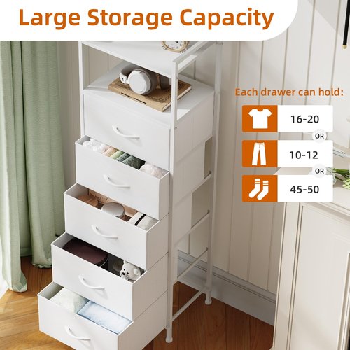 Somdot Tall Dresser for Bedroom, 5 Drawers Nightstand Vertical Storage Tower Unit, Night Stand Furniture with Fabric Drawer Organizer in Bedside Hallway, Entryway, Kids Room, Closet, White Leather