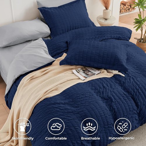 HYMOKEGE Comforter Set - Luxury All-Season 7-Piece Bedding in Navy Blue & Light Grey | Full Size