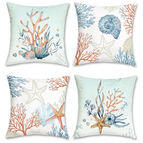 Bonhause Coastal Throw Pillow Covers 18 x 18 Inch Coral Starfish Seashell Beach Decorative Pillow Cases Ocean Blue Cushion Covers for Couch Sofa Bed Home Decor Set of 4