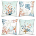 Bonhause Coastal Throw Pillow Covers 18 x 18 Inch Coral Starfish Seashell Beach Decorative Pillow Cases Ocean Blue Cushion Covers for Couch Sofa Bed Home Decor Set of 4