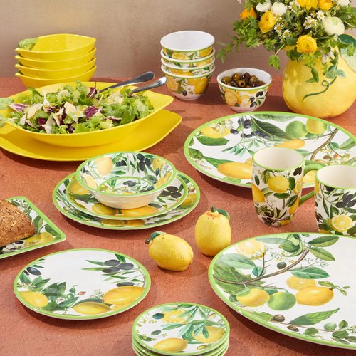 Limone 12-Piece Melamine Dinnerware Set - Citrus-Inspired, Service for 4, Durable, Shatterproof, Dishwasher-Safe Plates and Bowls for Everyday Dining, Outdoor Use, and Entertaining