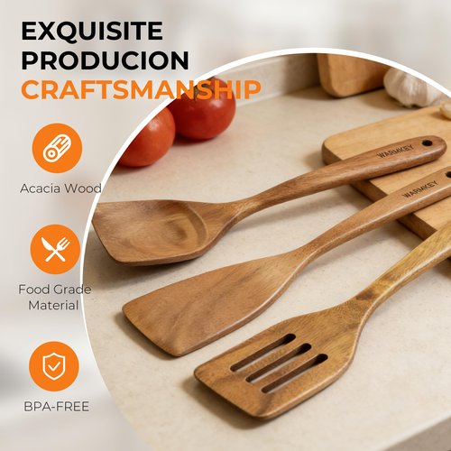 WARMKEY Natural Acacia Wood Spatula Set of 3, Nonstick Pan Safe Multipurpose Wooden Cooking Spatulas, Eco-Friendly Scratch-Proof Heat Resistant with Hanging Holes