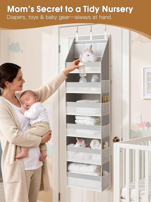 Criusia Over The Door Organizer - Heavy-Duty 6-Shelf Storage with 13 Mesh Pockets | 55lbs Capacity, Grey