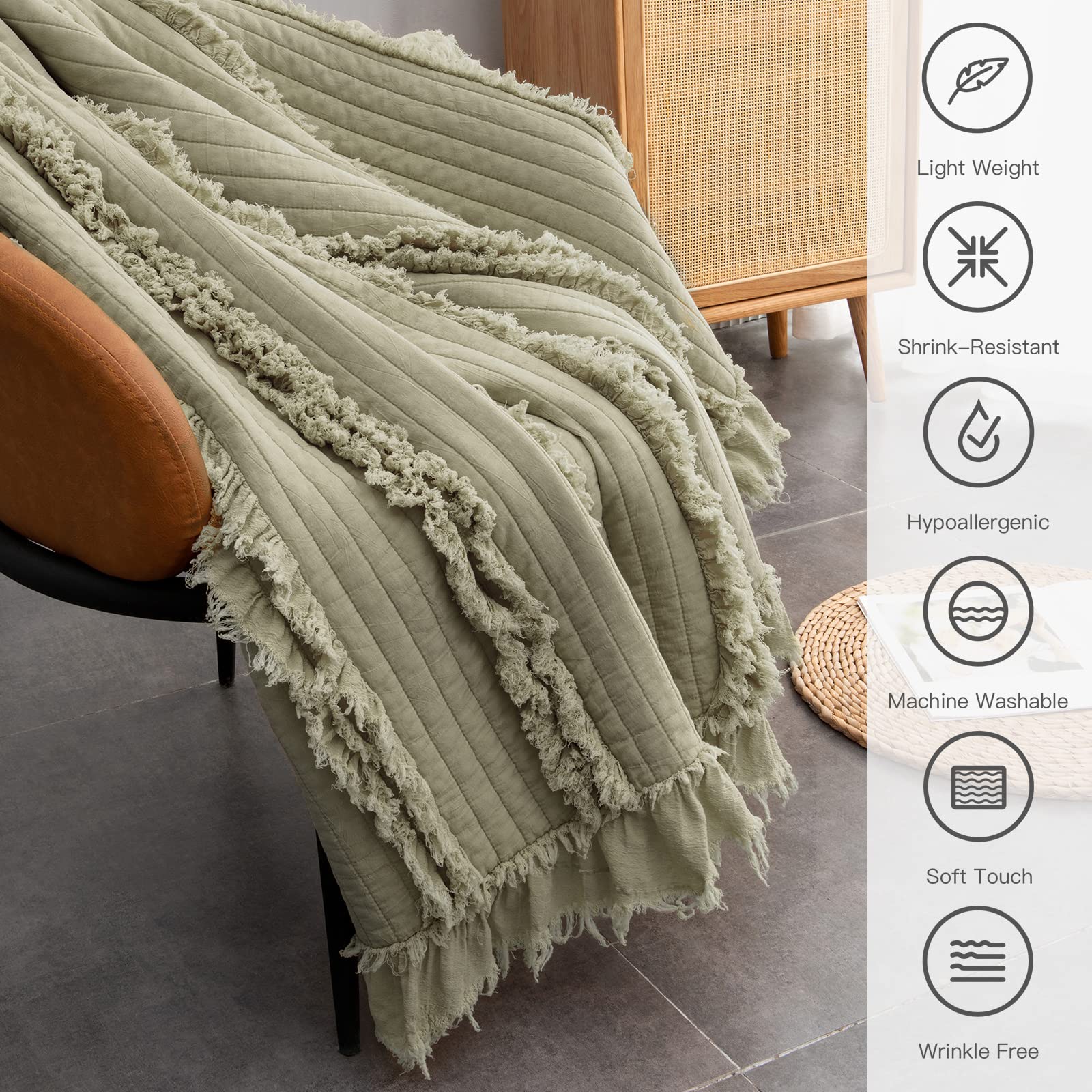 Ultra Soft Pre-Washed Quilted Boho Sage Green Twin Size Blankets for Bed, Olive Green Ruffle Fringed Decorative Throw, Stone Washed Chic Rustic Blanket for Sofa Couch Bed, 60"*80"