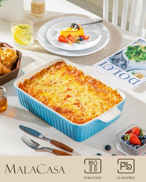 MALACASA 4.4 QT Baking Dish - Durable Ceramic Casserole Pan with Handles | 9x13 Blue Lasagna Dish