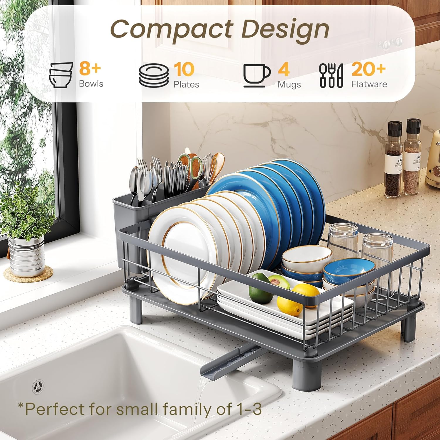 SNTD Dish Drying Rack - Stainless Steel Kitchen Dish Drainer with Utensil Holder | 11" W x 15" L (Grey)