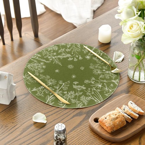 Artoid Mode Antique Herbs and Wild Flowers Spring Round Placemats Set of 4, 14 Inch Summer Round Table Mats for Dining Decoration