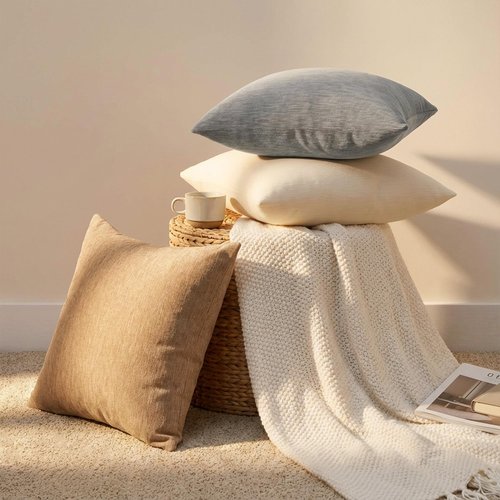 Set of 4 Neutral Throw Pillow Covers 18x18 Inch, Neutral Boho Farmhouse Aesthetic Decorative Pillow Cases for Couch, Sofa, Living Room & Bed, Soft Chenille Pillow Cases, Stylish Home Decor, 45x45 cm