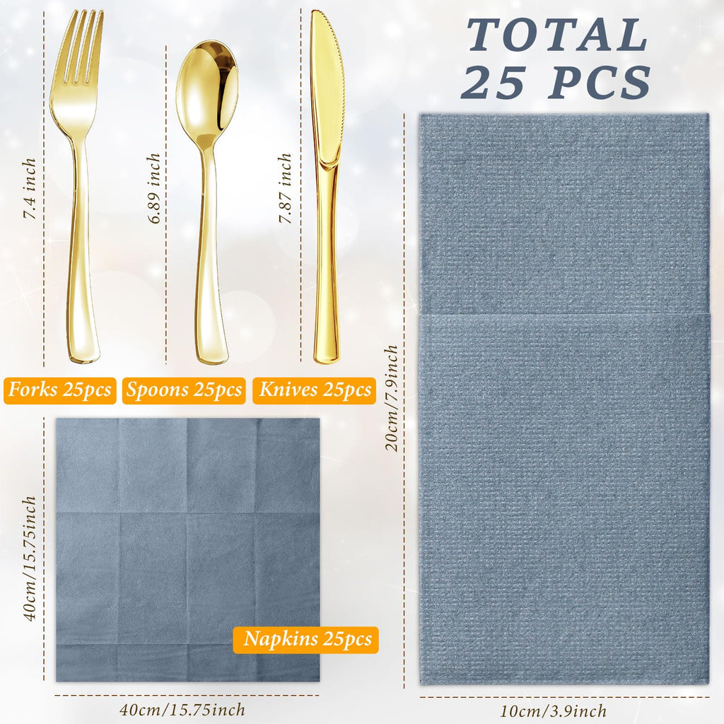 Tioncy 25 Pack Gold Plastic Silverware Set with Napkins, Linen Touch Napkins and Plastic Cutlery Set Gold Disposable Dinnerware with Forks Spoons Knives(Champagne)