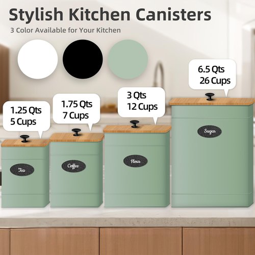 Canisters Sets for the Kitchen Set of 4, Metal Sugar Flour Coffee Storage Containers for Countertop with Airtight Lids, Customizable Chalkboard Labels & Marker Pen, Storage Jars Canisters - Sage Green