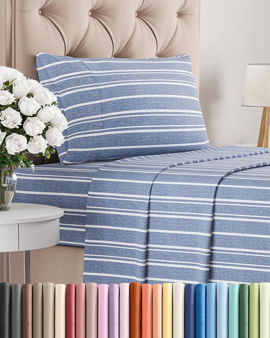 Skiennix Twin Size 3-Piece Sheet Set - Comfy, Breathable & Cooling - Luxury Blue Stripes Bedding for All Ages