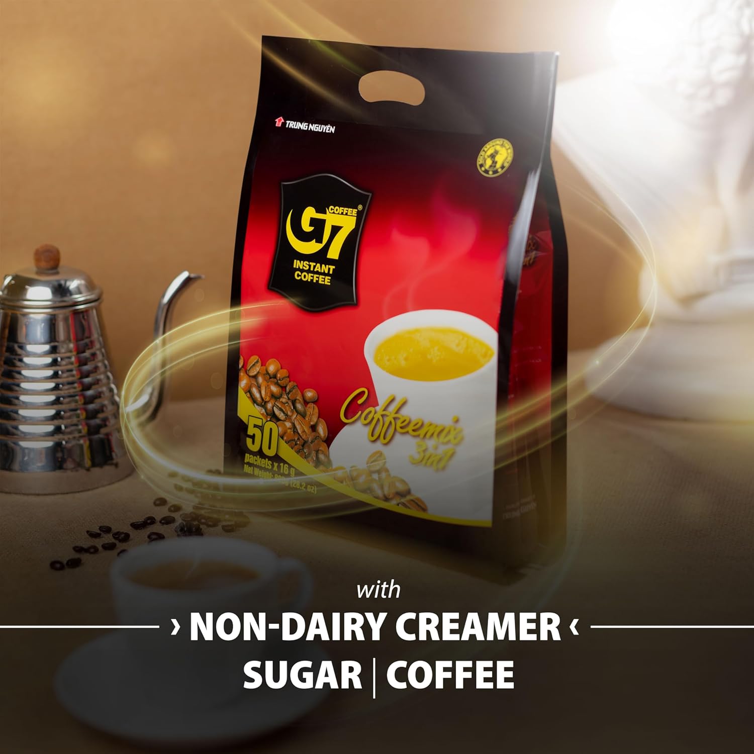 Trung Nguyen G7 Instant Coffee - 3-in-1 Roasted Ground Blend with Creamer & Sugar | 50 Sachets